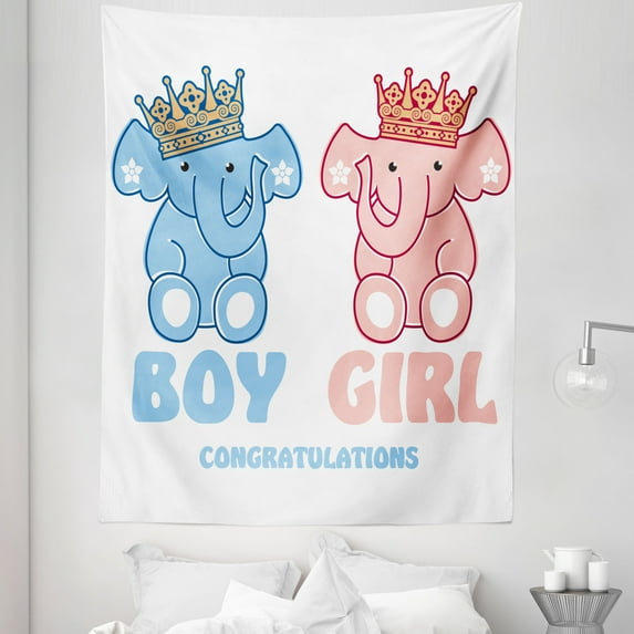 Gender Reveal Tapestry, Boy and Girl Twins Elephants with Royal Crowns, Fabric Wall Hanging Decor for Bedroom Living Room Dorm, 5 Sizes, Blush Blue, by Ambesonne