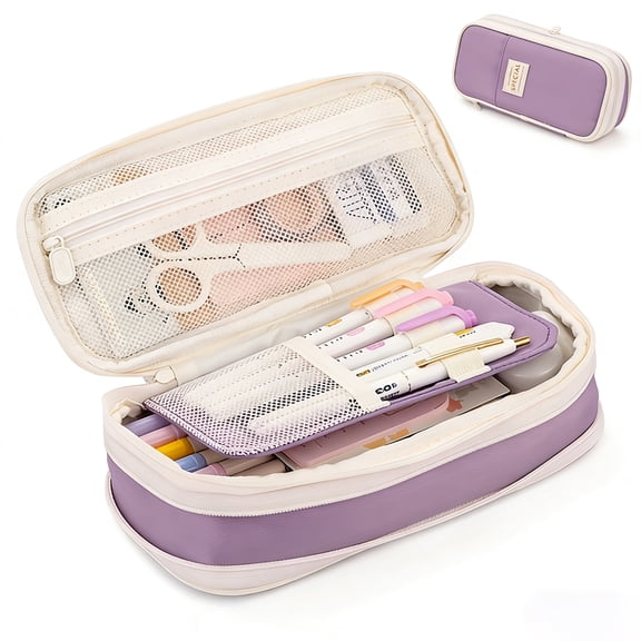 Rirool Large Capacity Pencil Case, Expandable Pencil Pouch Big Pen Bag for School Supplies with Zipper, Deformable Organizer for Teen Girls Boys, Purple