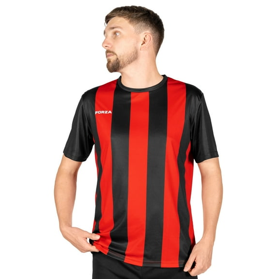 FORZA Men's Striped Soccer Jerseys – Short Sleeve Soccer Shirt Uniforms for Men [Black and Red, XS]