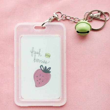 - Cartoon Transparent Plastic Card Holder Keyring Sleeve Set Bus Card Case Bag with Bell Chain Fruit Series - Strawberry
