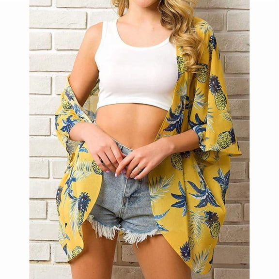 Women Floral Kimono Swim Cover-Ups Female Beach Boho Cardigan Bathing Tops
