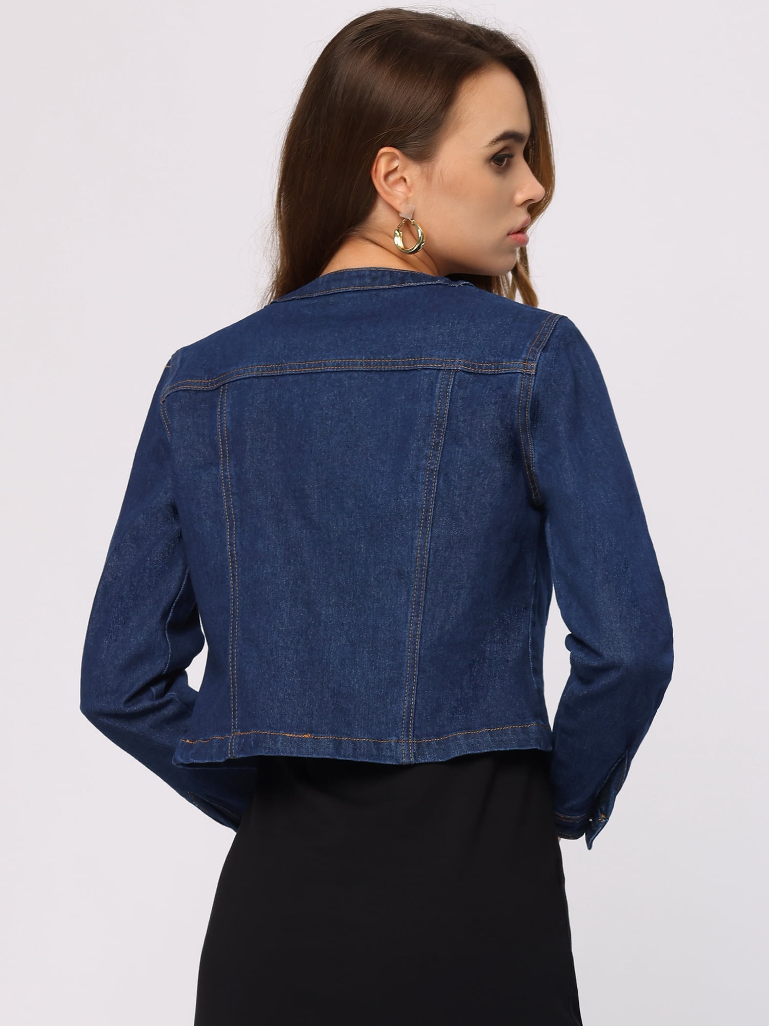 DARING DIVA Women's Collarless Button Down Long Sleeve Denim Jacket L Dark Blue