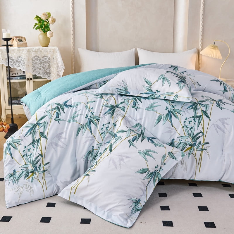 Koniroom 3Pcs Green Comforter Set Queen Size– Reversible Microfiber Bamboo Botanical Bedding in Mint & White