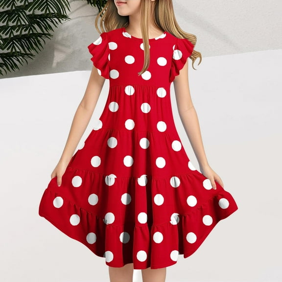 Delliss Girl's Flutter Sleeve Stretchy A-Line Dot Print Layered Dress Swing Flared Skater Party Dress for 6-15 Years Kids