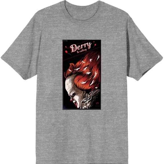 It Chapter 2 Pennywise Derry Fan Poster Men's Heather Gray Crew Neck Short Sleeve Tee-Medium