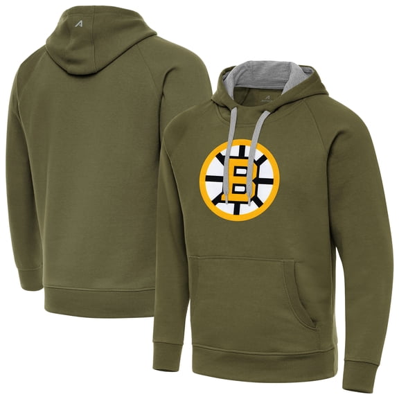 Men's Antigua Olive Boston Bruins Victory Pullover Hoodie