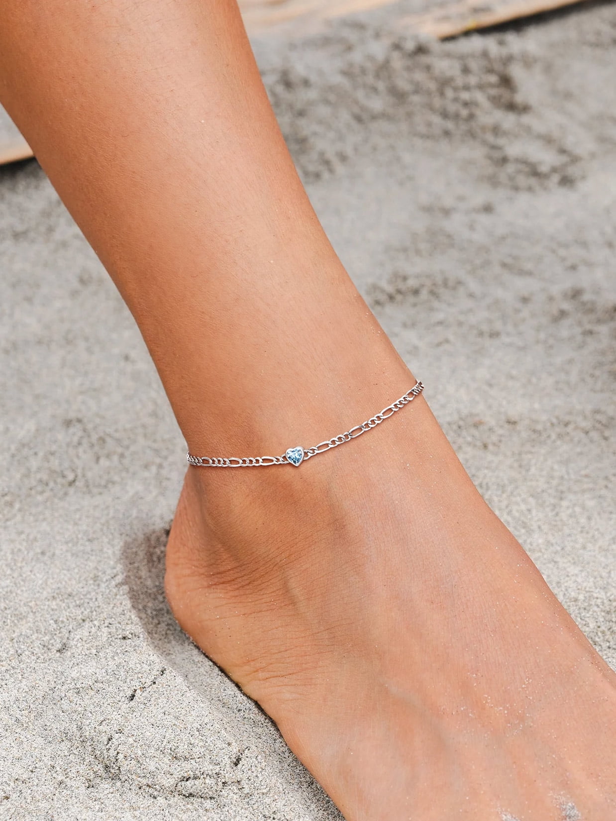 U7 Heart Anklet Bracelet for Women March Blue Aquamarine Sterling Silver Figaro Anklet Charming Summer Jewelry Gift Beach Foot Chain for Daughter