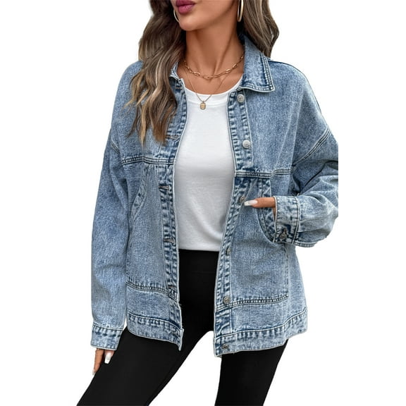 Eytino Jean Jacket for Women Denim Jackets Oversized Boyfriend Drop Shoulder Button Front Jean Jacket Coat with Pockets