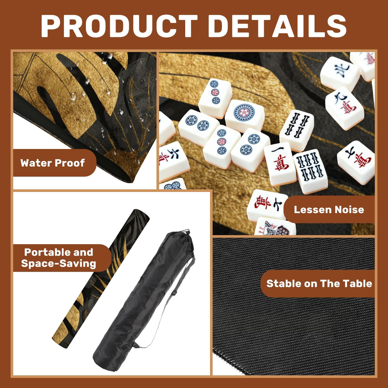 Mahjong Mat 31.5" x 31.5" seamless gold black tropical leaves dark Non-Slip Noise Reduction American Mahjong Tiles Table Cover for Dominoes Poker Card Board Games Gift