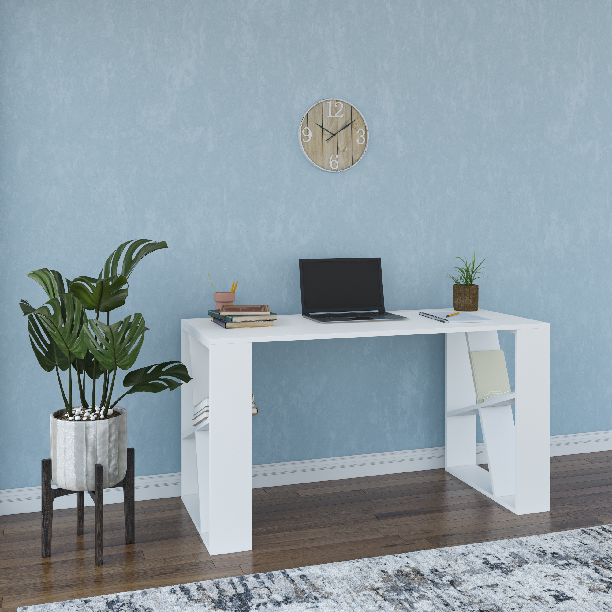 Ada Home Decor Minimalist Home Office Computer Desk Workstation with 2 Shelves 8-Cube Bookcase, White