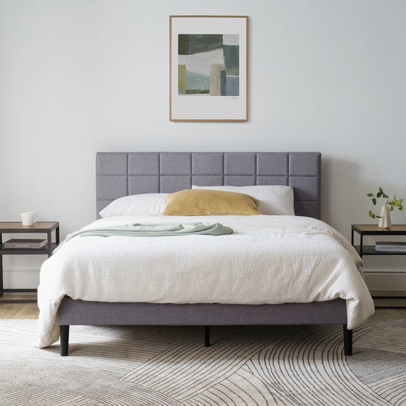 Mainstays Gray Upholstered Square Tufted Platform Bed, Queen, No Box Spring Needed