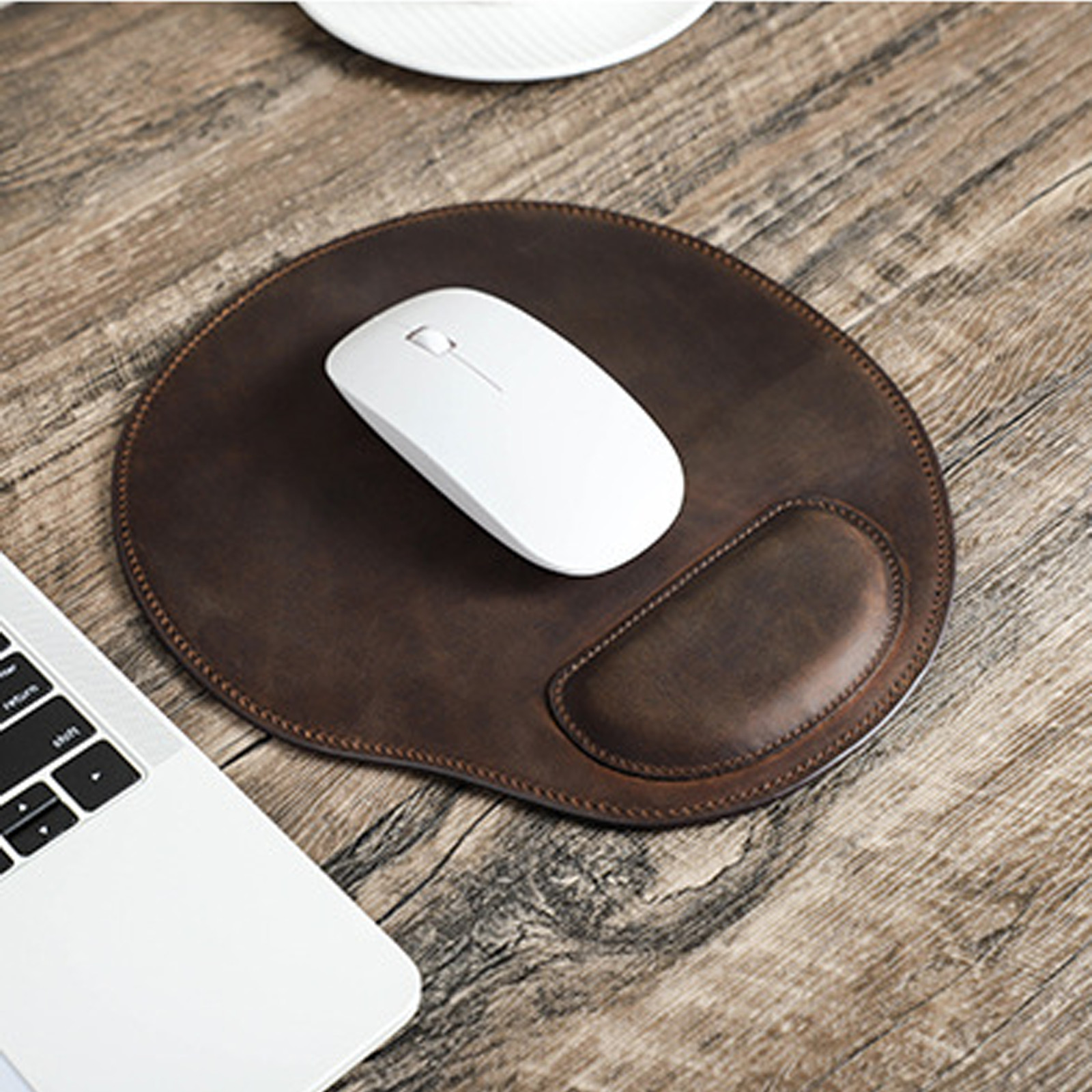 Ergonomic Mouse Pad with Wrist Rest - Premium Crazy Horse Leather Coffee Color - Gel-Filled Cushion, Non-Slip Microfiber Base, Comfortable Office & Home Desk Accessory (9.4" x 8.7")