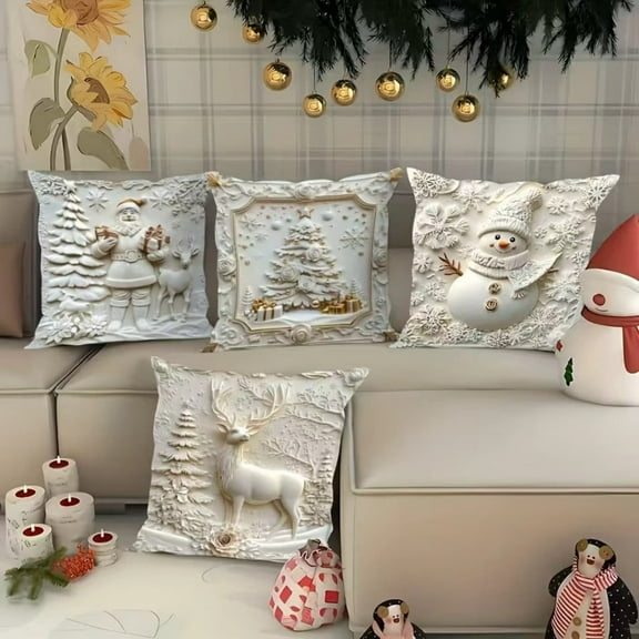 3D Flocked Christmas Pillow Covers Set of 4, White Winter Theme featuring Santa, Reindeer, Tree & Snowman for Luxury Home Decor white