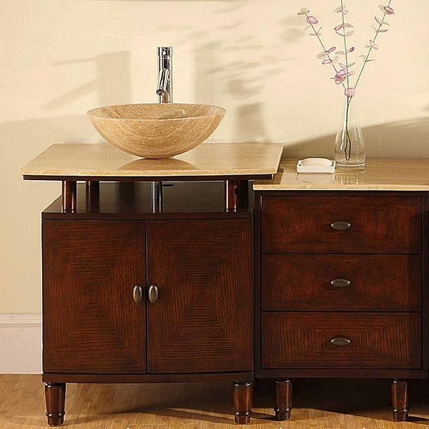 Silkroad Exclusive Travertine Stone Top 47 Inch Bathroom Vessel Vanity Single Sink Cabinet Walmart Com Walmart Com