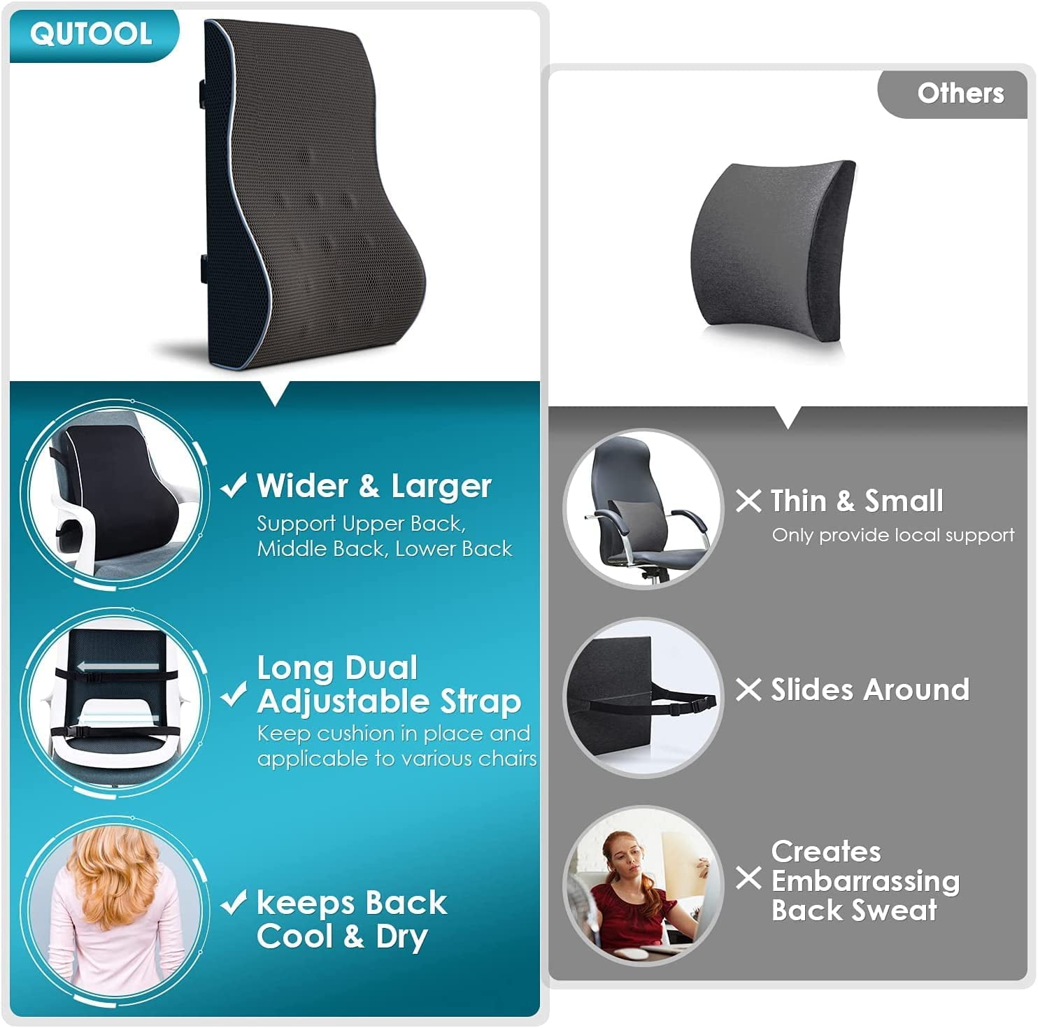 Qutool Memory Foam Coccyx Seat Cushion & Lumbar Support Pillow for Office Chair, Car, Wheelchair Chair Cushion, Size: One size, Black