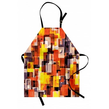 Abstract Apron Geometrical Modern and Cool Painting like Artistic Design Artwork, Unisex Kitchen Bib Apron with Adjustable Neck for Cooking Baking Gardening, Orange Tellow and White, by Ambesonne