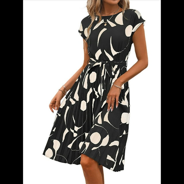 Vestido Floral para Invitada de Boda, Cuello Redondo, Corta, Cintura Anudada, Midi, Fluido, Estilo Bohemio, para Playa Negro XL