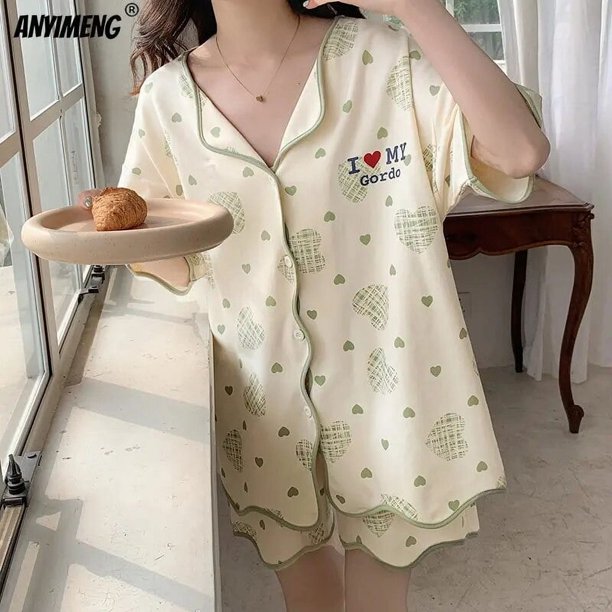Conjunto de Pijamas coreanos para mujer, ropa de dormir para estar en casa, con solapa dulce, con estampado de oso Kawaii, traje japonés de verano