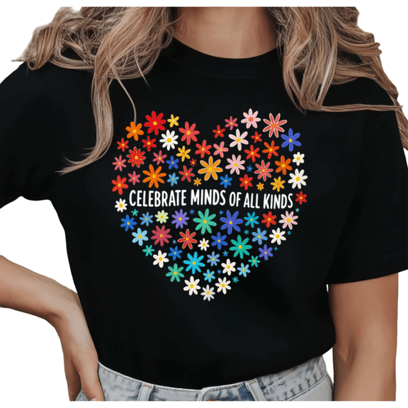 UNISHE Women's "Celebrate Minds Of All Kinds" Floral Heart Graphic Short Sleeve T-Shirt Casual Cotton Crewneck Top