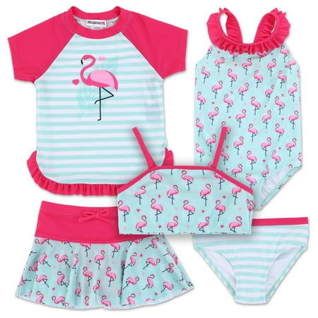 

Dreamwave Flamingo Toddler Girls 5 Piece Swimsuit Set: One-Piece Swimsuit Bikini Top Swim Rash Guard Skirt Bottom Pink/Blue 4T