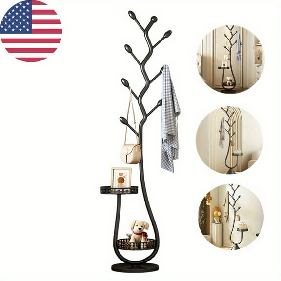 Heavy-Duty Double Tier Metal Coat Rack - Freestanding Entryway Organizer with Branch Hooks | 20lbs Capacity Clothing Rack for Hallway & Bedroom | Tool-Free Assembly