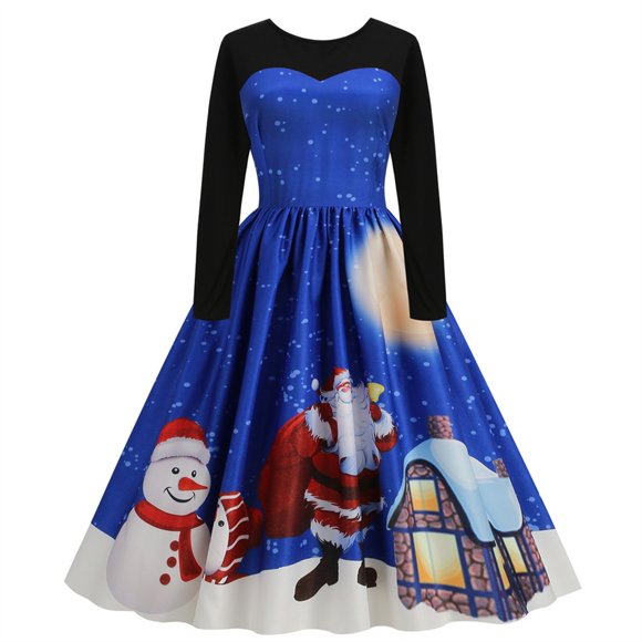 TopLLC Long Sleeve Round-Neck Dress Women’s Winter Christmas Temperament Casual Slim Printed Long Sleeve Dress Long Sleeve Round Neck Dress Women Dress