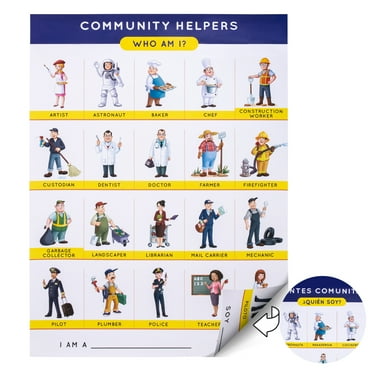 Community Helpers Wall Poster for Classrooms, Laminated Double Sided English/Spanish Wall Chart 18x24 Educational Wall Decor 24 Full Body characters