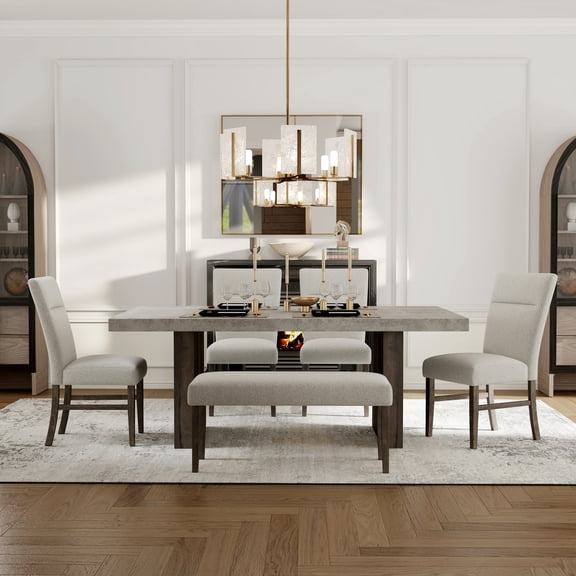 Roundhill Furniture Sorlen Modern 6-Piece Dining Set, 3D Faux Concrete Table with 4 Chairs and Bench