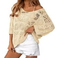 thumbnail image 2 of Lenpel Women's Crochet Sweater Shirts Trendy Lightweight 3/4 Sleeve V Neck Hollow out Knit Tops Boho Beach Cover Ups(Beige,Large), 2 of 6