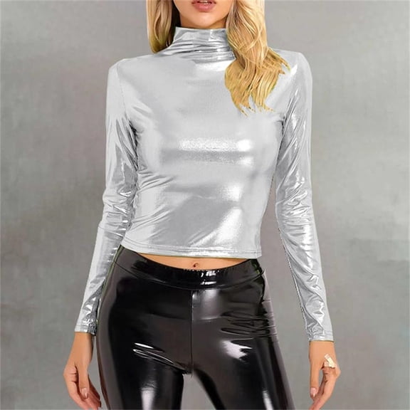 Womens Blouses Women's Metallic Liquid Mock Neck Turtleneck Crop Top Long Sleeve/Sleeveless Tank Top T Shirt Fashion Clothing