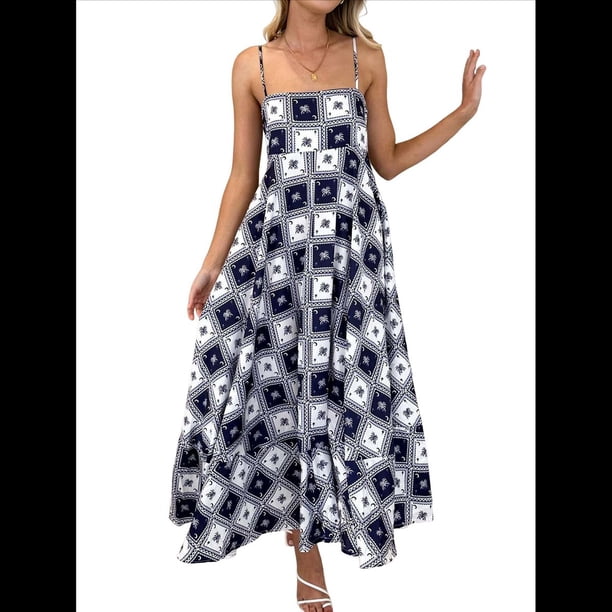 Vestido Maxi Estampado para Mujer, con Tirantes Finos, Floral, Estilo Bohemio, Fluido, para Playa y Vacaciones de Verano. Cuadrados Negros M