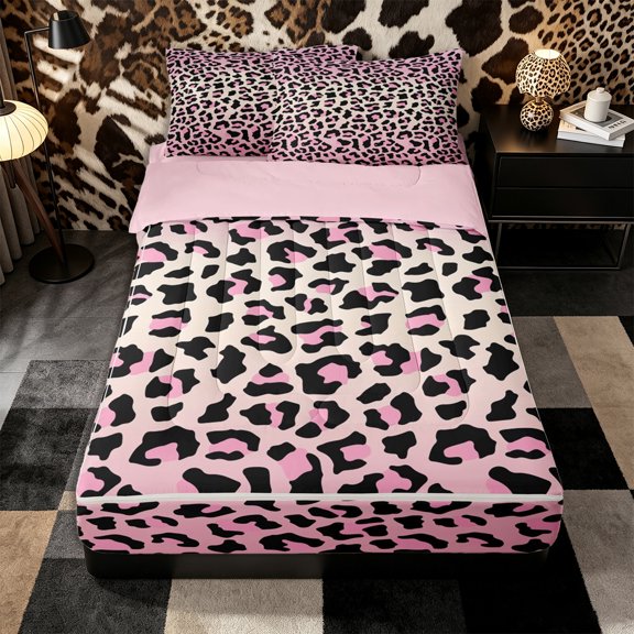 Erosebridal Girly Leopard Spot Zipper Twin Comforter Sets with Fitted Sheet and 2 Pillowcases,Gradient Print Zipper Bedding Set,Pink Black,Pink Reversible