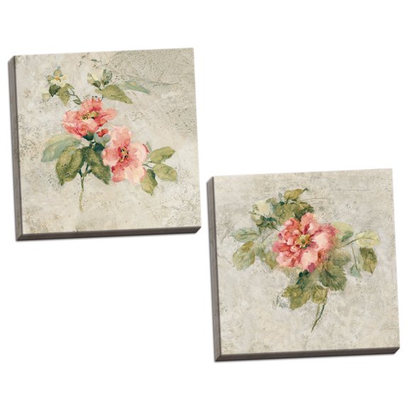 Gango Home Decor Contemporary Provence Rose I & II Red and Neutral by Cheri Blum (Ready to Hang); Two 16x16in Hand-Stretched Canvases