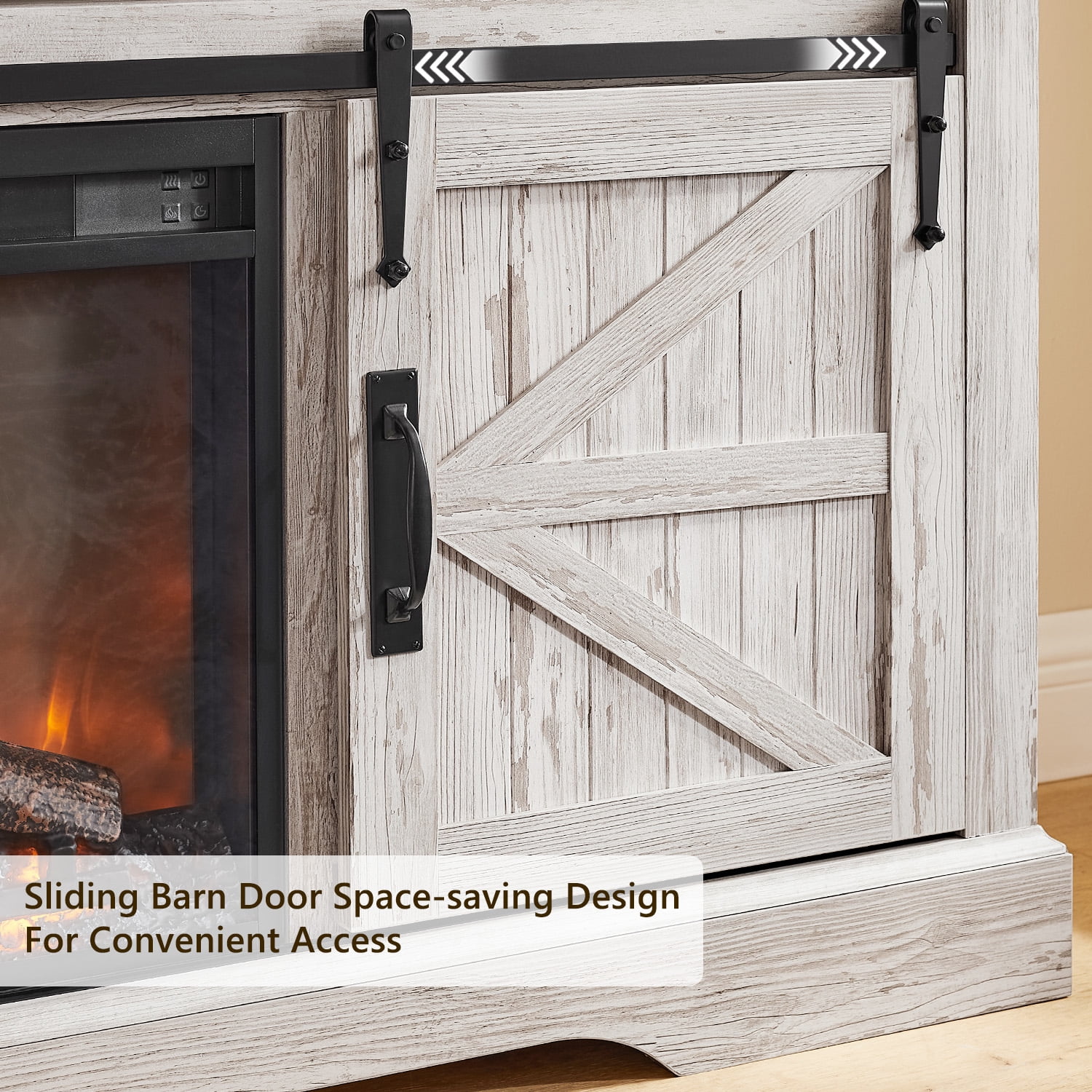 KeyWhat Farmhouse Fireplace TV Stand for TVs up to 70", 24" Electric Fireplace & Barn Door