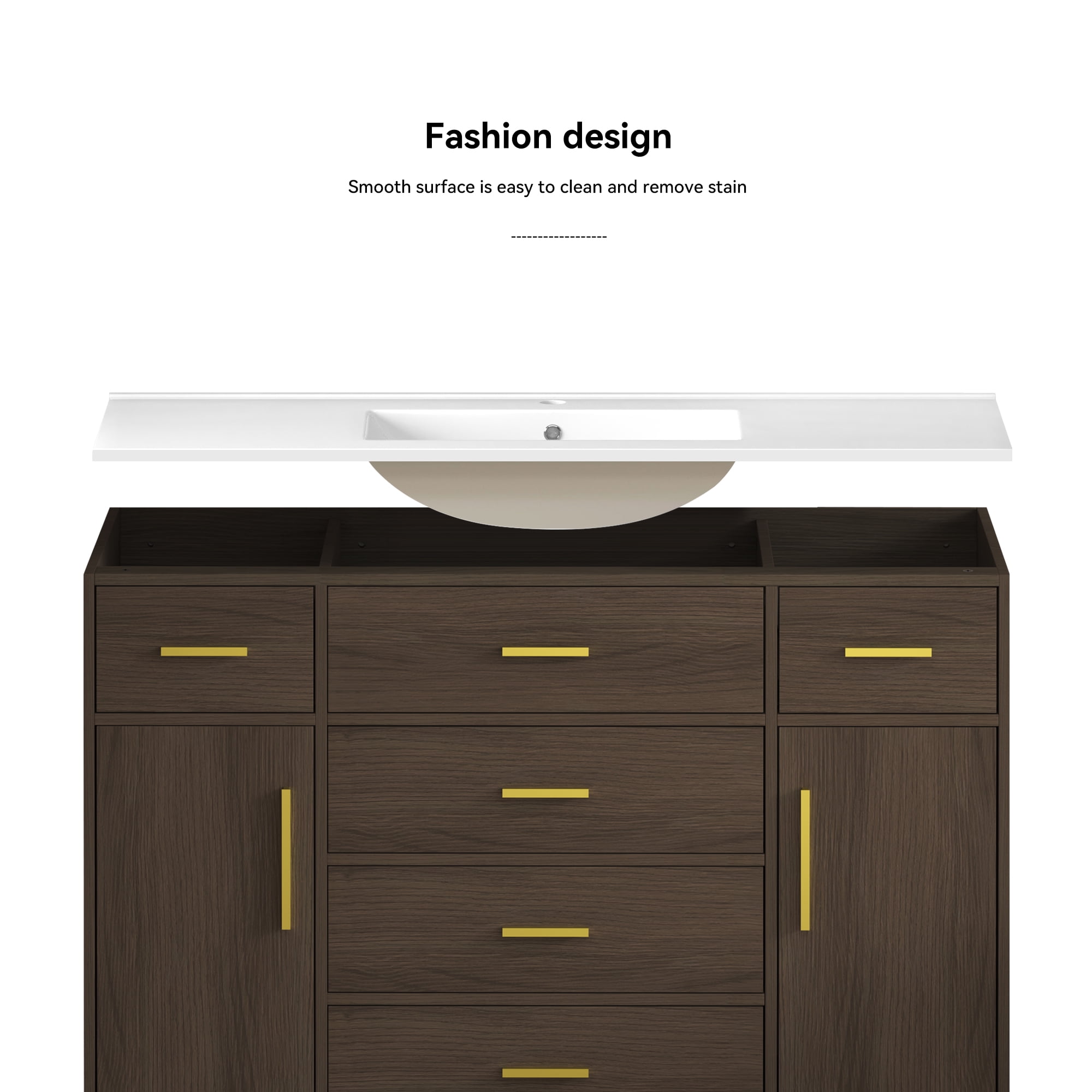 48 Inch Bathroom Vanity with Sink, 7 Drawers, 2 Soft Close Doors, Wood Cabinet, Dark Brown