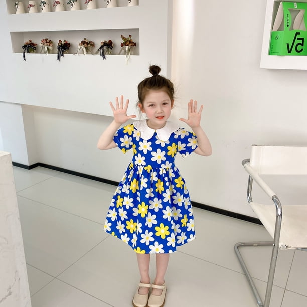 Vestido de princesa de verano para niños, vestidos florales de crisantemo para niñas, falda plisada estampada de estilo pastoral, ropa informal 1-7Y110(4T) Gao Jinjia LED