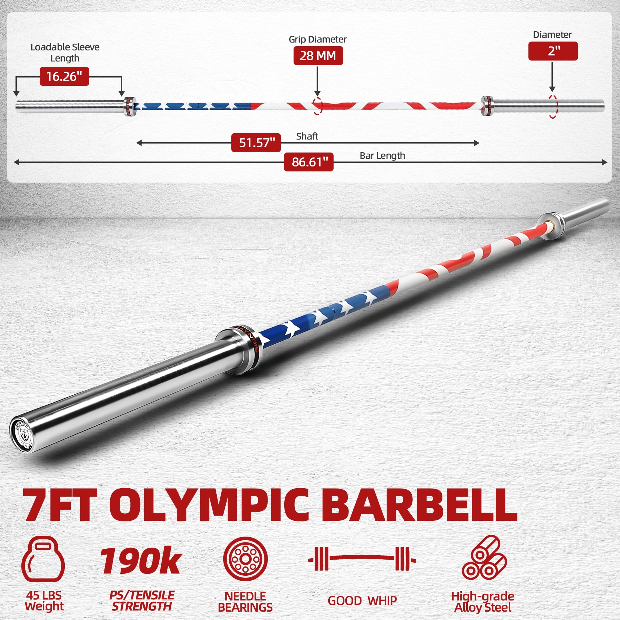 FlexWave Straight Olympic Barbell, Alloy Steel with Ceramic Coating, 2-Inch Diameter, 7FT, Available in Multiple Colors