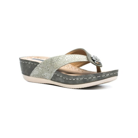 

GOOD CHOICE Womens Beige Snake Embossed 1 Platform Rhinestone Cushioned Dafni Round Toe Wedge Slip On Thong Sandals 9.5