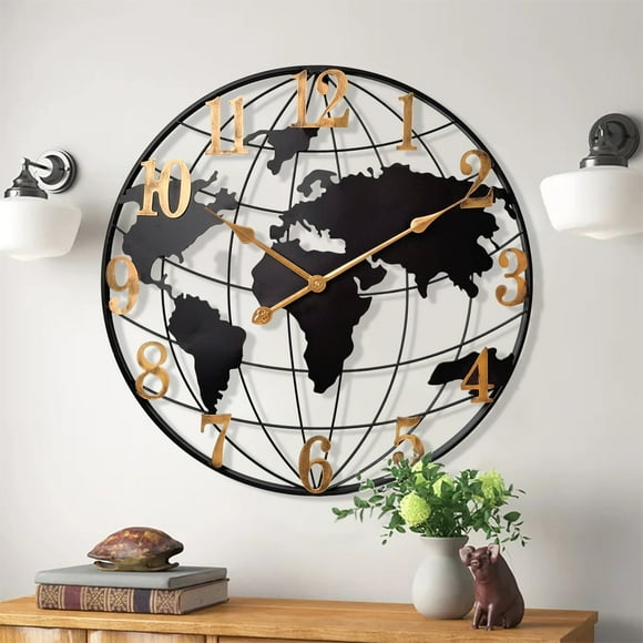 Large World Map Wall Clock, Metal Minimalist Modern Clock,Round Silent Non-Ticking Battery Operated Wall Clocks(24 Inch)