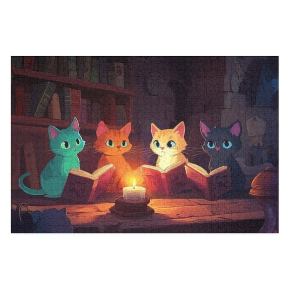 Puzzles for Adults 300 Pieces - Group Cats Sitting Around Lit Candle Funny Inspirational Wooden Jigsaw Puzzles for Family Activities Games