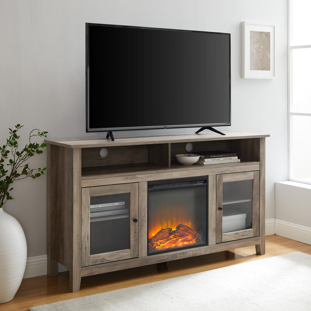 58" Transitional Fireplace Glass Wood TV Stand Grey Wash Walmart