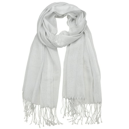 Metallic Wrap Scarf - NYFASHION101 Women's Sheer Metallic Braided Tassel Ends Scarf Shawl Wrap, White