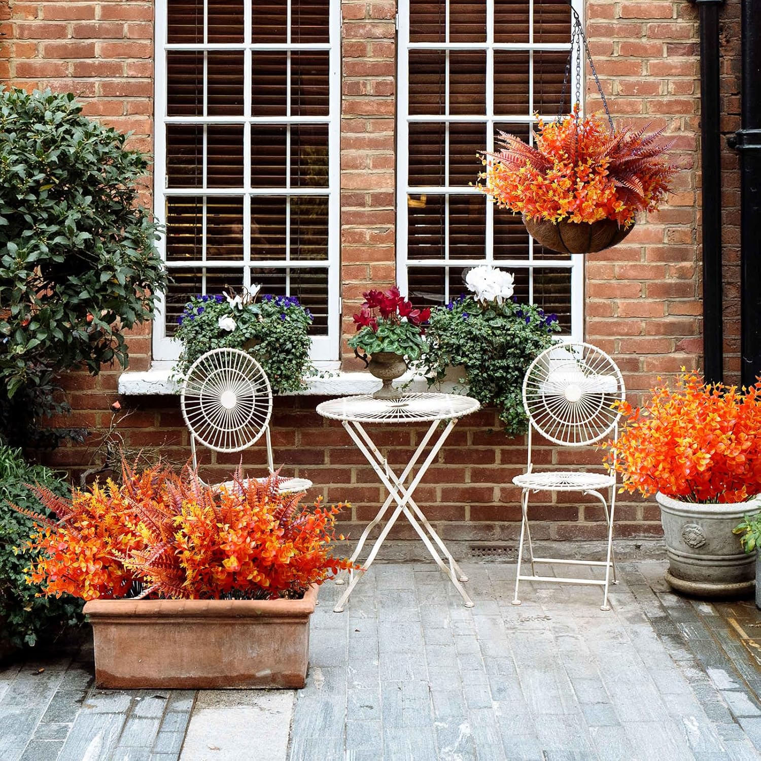 18Pcs Artificial Fall Flowers Plants for Outdoor Autumn Decoration, UV Resistant Plastic Plants, Faux Boston Fern & Eucalyptus Bulk for Garden, Patio, Window Box Decor