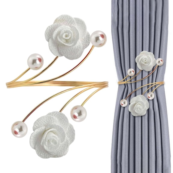 1 Pack Curtain Tiebacks, Rose with Pearls Curtain Holdbacks, Decorative Gold Curtain Tiebacks, Handmade Flower Curtain Holdbacks No Drill, Curtain Holder for Home Office Decor (White)