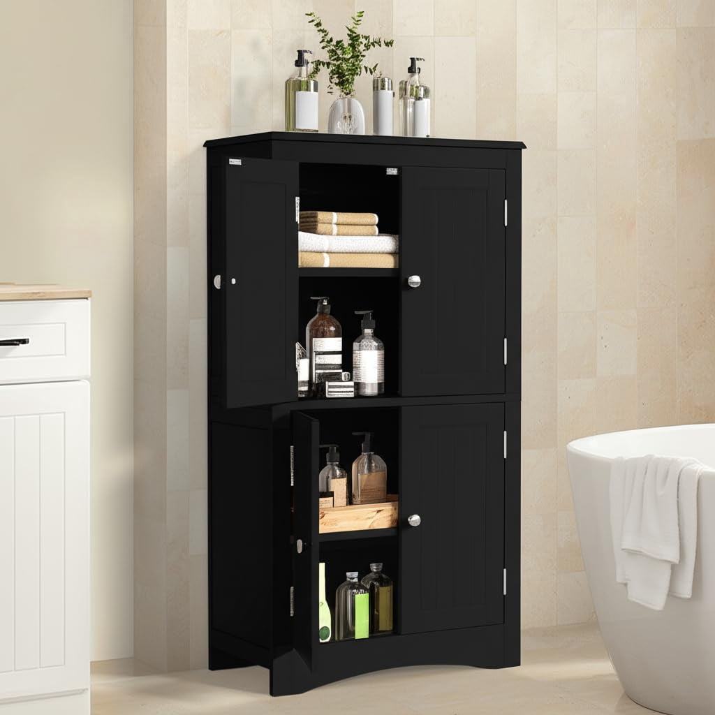Aiho 43" Bathroom Storage Cabinet, Freestanding Cabinet with 4 Doors & 3 Adjustable Shelves for Bathroom - Black