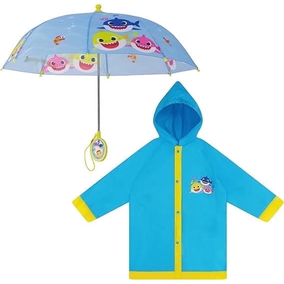 Nickelodeon Boys Umbrella and Poncho Raincoat Set, Baby Shark Boys Rain Wear For Toddler 2-3 Or Kids 4-5