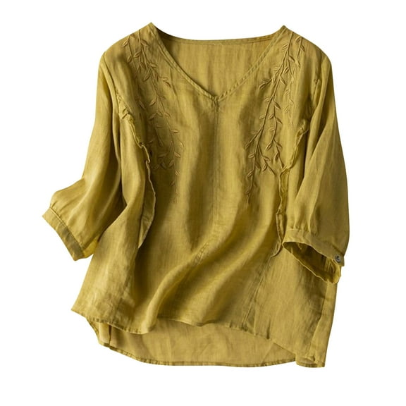 GigrtiJin 3/4 Sleeve Shirts for Women Floral Embroidery Retro Casual Tops Loose V Neck Summer Tees Blouses