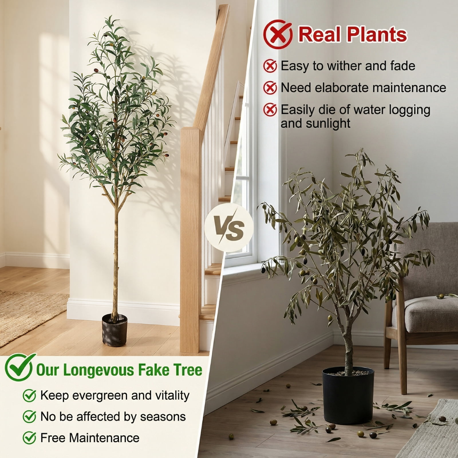 BEAUTYPEAK 6.1FT Artificial Plant Fake Indoor Olive Tree Decorative Outdoor Greenery in Black Pot