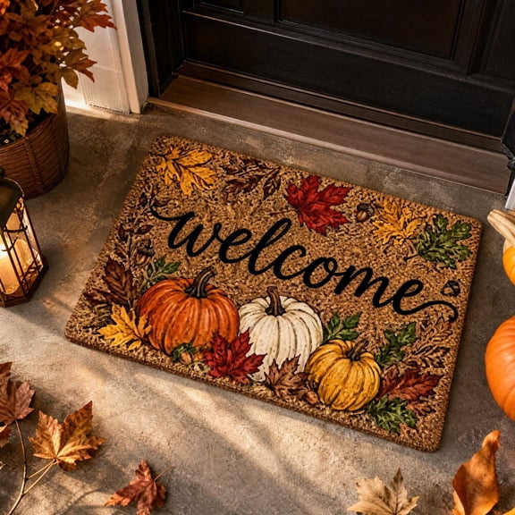 Fall Welcome Door Mat for Front Door, Autumn Pumpkin & Maple Leaves Doormat Design, Welcome Doormat Indoor Outdoor Non-Slip Floor Entryway Rug, Thanksgiving Seasonal Home Kitchen Decoration