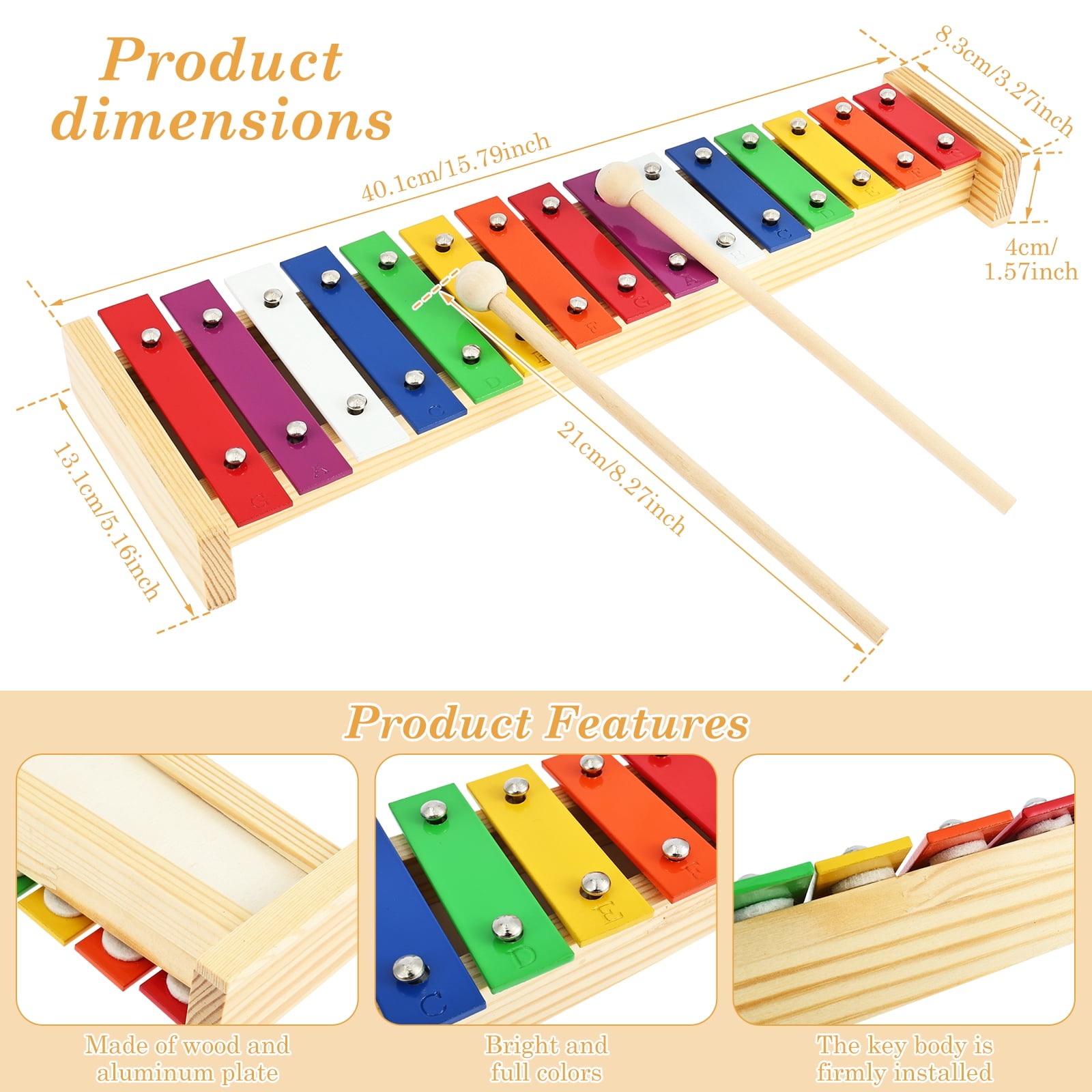 HKJUNFEI 15 Tone Xylophone Glockenspiel with Precise Intonation and Clear Tone Educational Xylophone for Beginner and Music Education